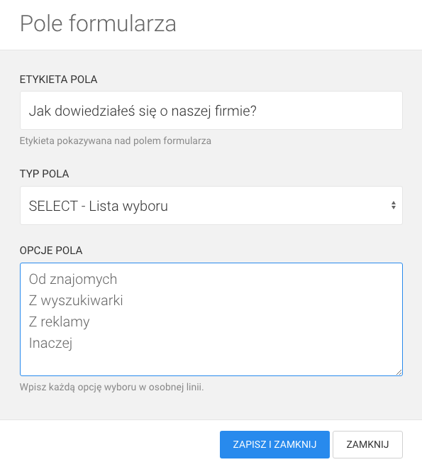 ustawienia formularza pole wyboru